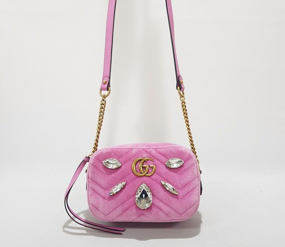 Gucci Velvet Crystal Mini Crossbody - Pink Mini Crossbody Bag A+ (SKU: One Size)