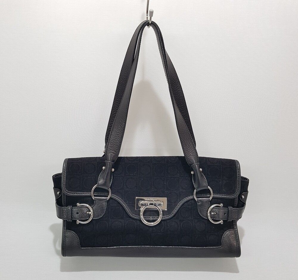 Salvatore Ferragamo Black Suede Leather Shoulder Bag SKU123