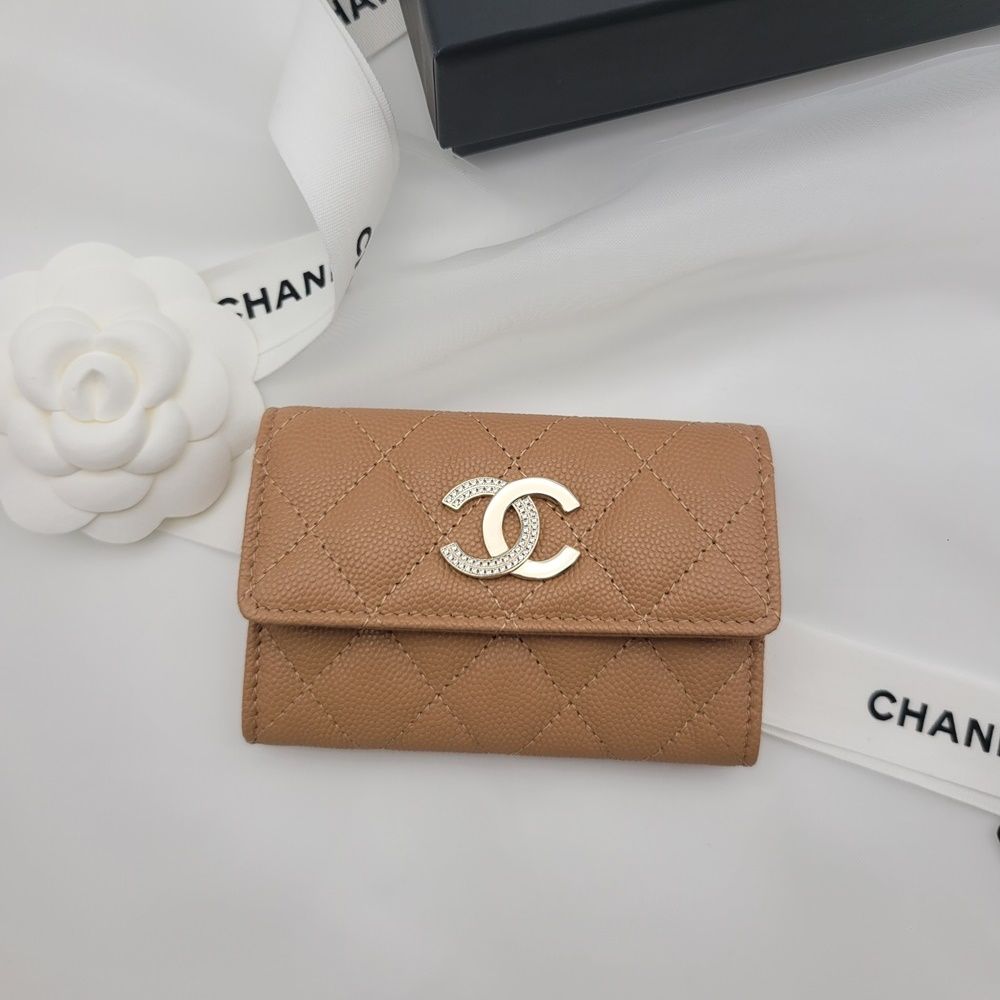 CHANEL Crystal Logo Camel Beige Card Wallet 24fw