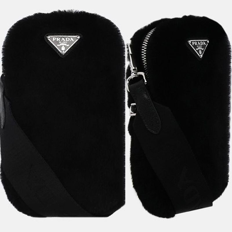 Prada Black Shearling Triangle Logo Crossbody Bag 1BP027