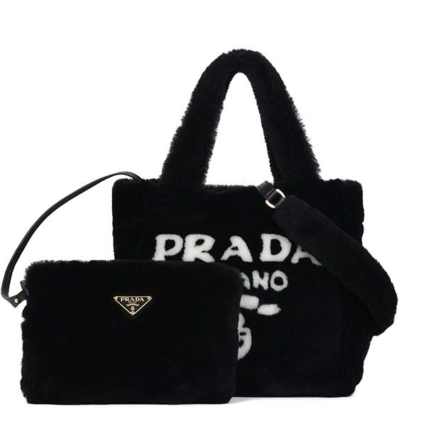 Prada Black Logo Shearling Tote Bag 1BG447 2EC9 F0IAU 00417