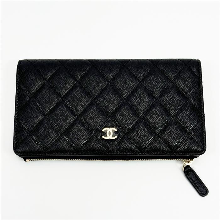 CHANEL Women's Classic Caviar Zipper Wallet Black Gold AP3877 - Gift Package
