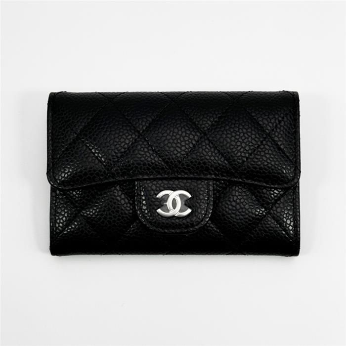CHANEL Classic Snap Card Wallet Holder Silver Black AP0214