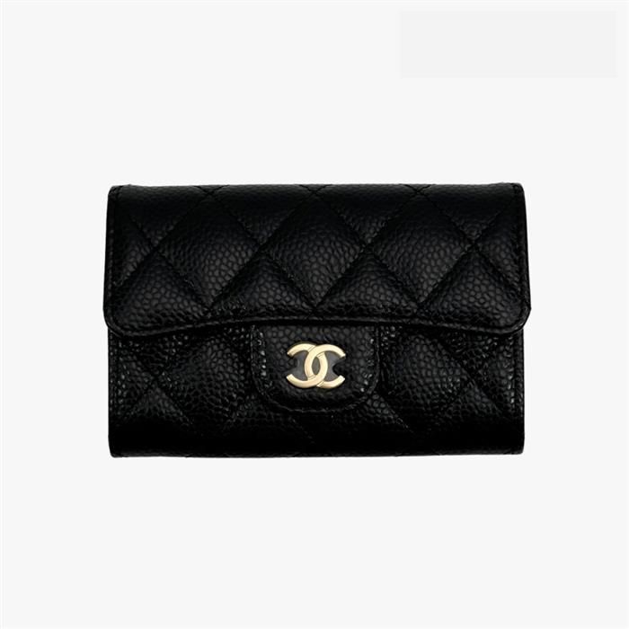 CHANEL Classic Snap Card Wallet Holder Caviar Gold Black AP0214