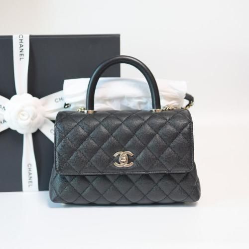 CHANEL Small Black Caviar Flap Tote Bag with Coco Handle A92990