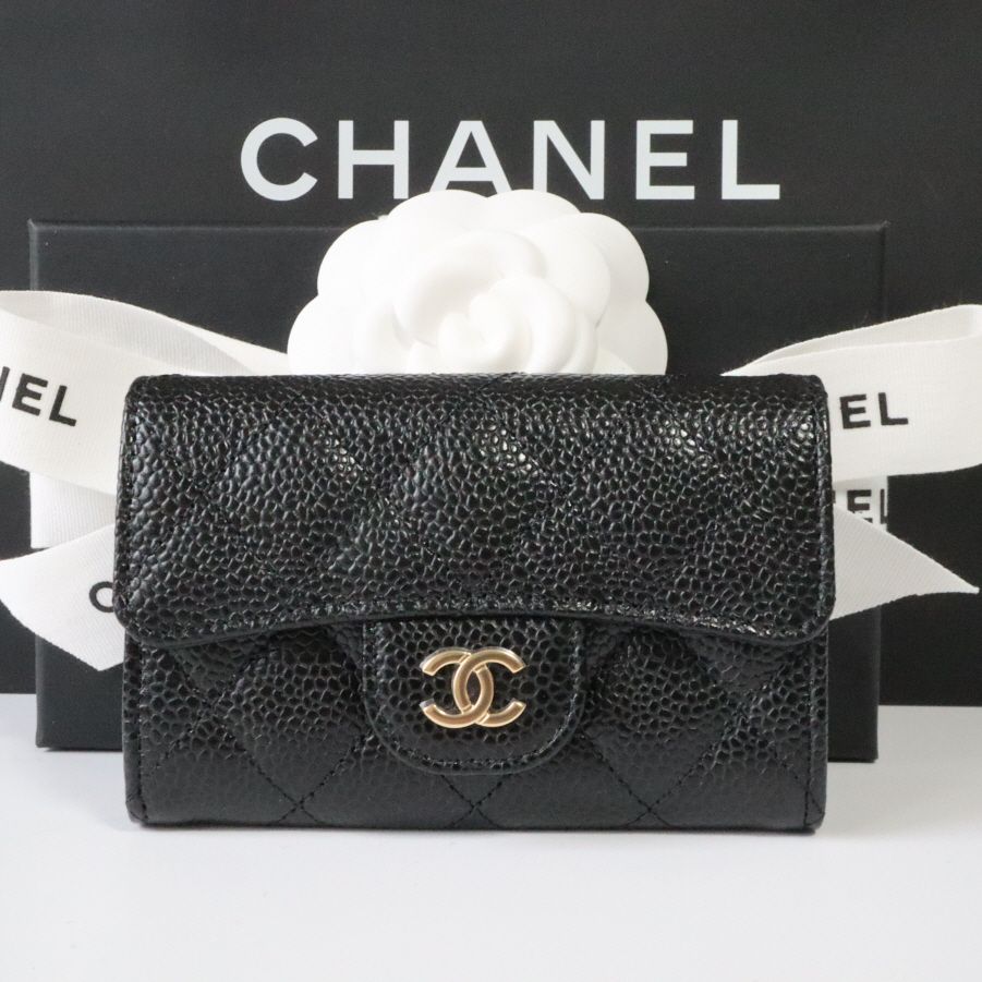 CHANEL Classic Flap Card Wallet Black Gold AP0214