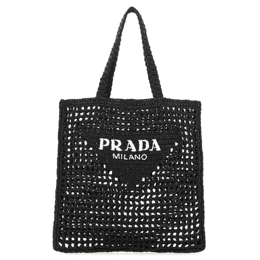 Prada Black Crochet Tote Bag with Logo Embroidery 1BG393 2C2T