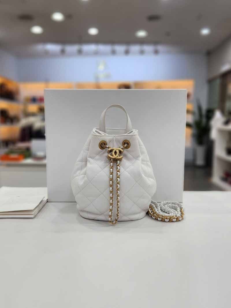 CHANEL Drawstring Lamskin Mini Bucket Backpack with Gold Accents as3211