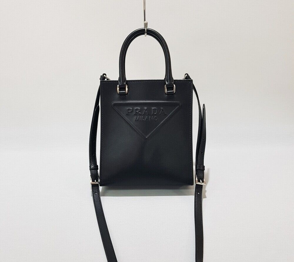 Prada Embossed Triangle Logo Leather Tote Shoulder Bag 1BA333