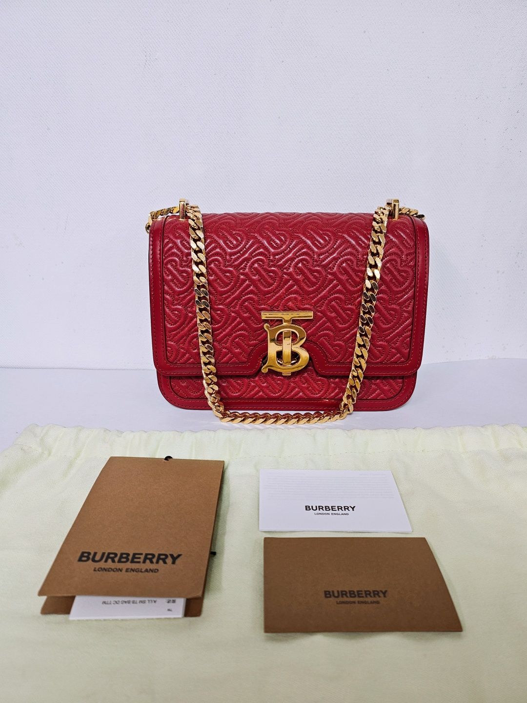 Burberry Red Monogram TB Quilted Women's Chain Shoulder Bag - SKU 12345