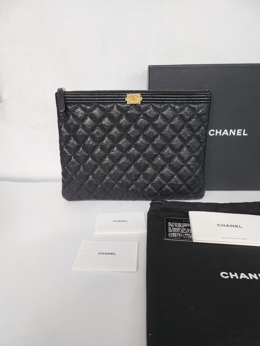 CHANEL Black Caviar Gold Trim Clutch Bag Medium 27th