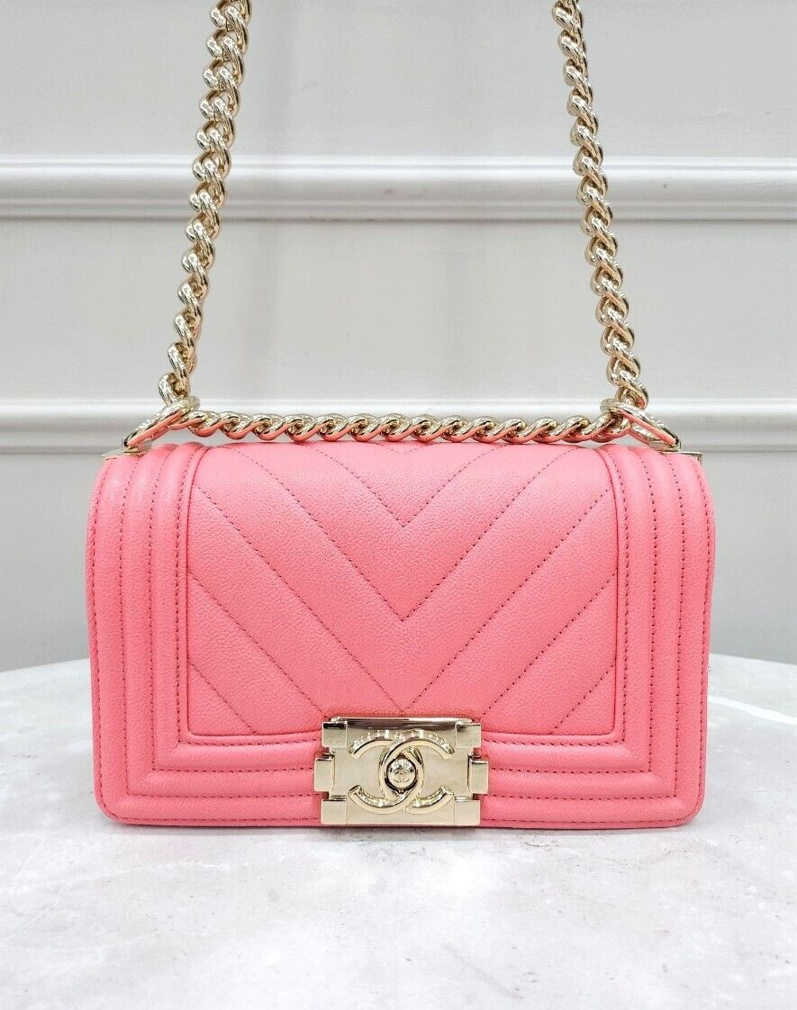 CHANEL Chevron Boy Bag Small Caviar Pink Gold Hardware Internal Chip SKU: 12345678
