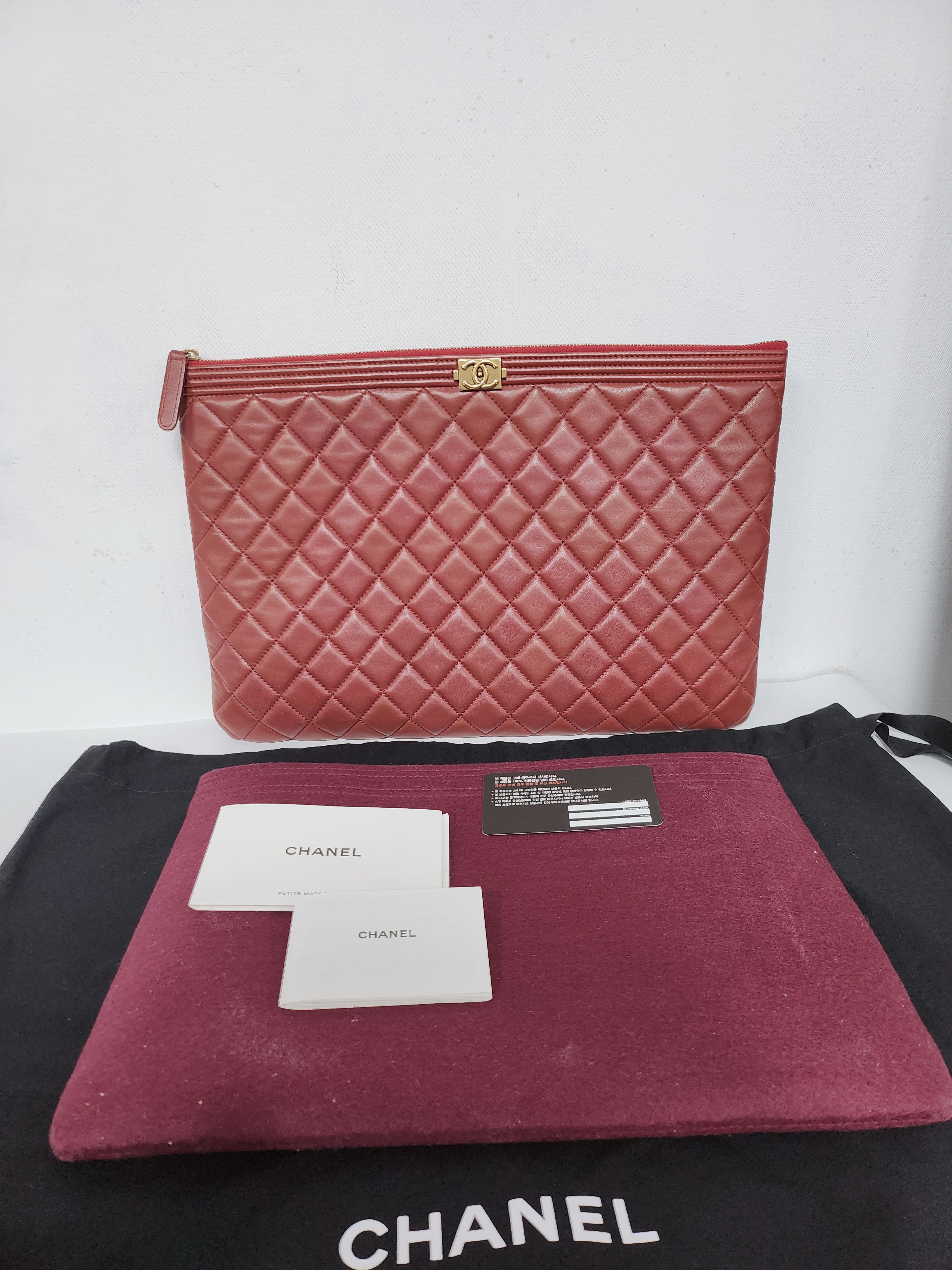CHANEL Burgundy Lambskin Boy Gold Clutch Bag Large SKU
