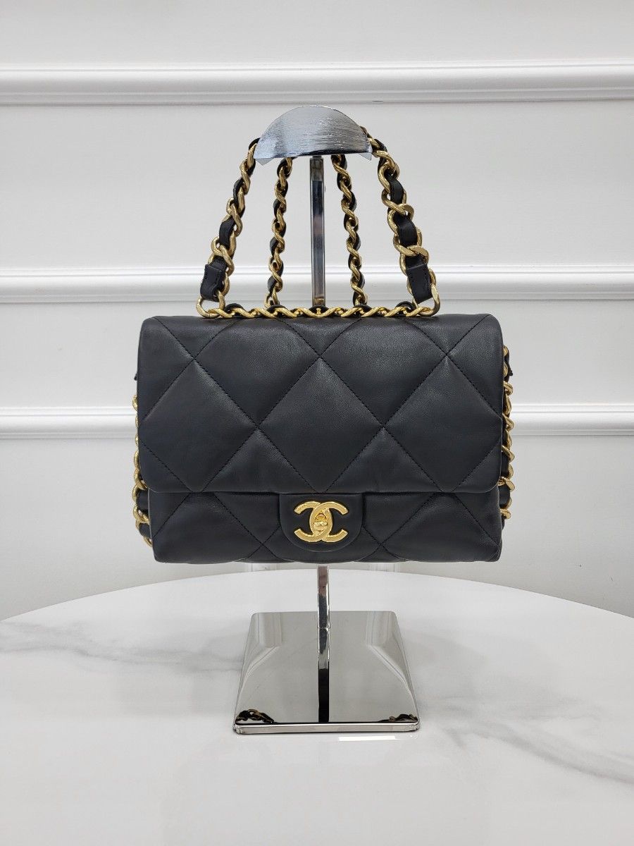 CHANEL Quilted Top Handle Flap Shoulder Bag 22 Season AS3499 Lamb Skin Chip Inside