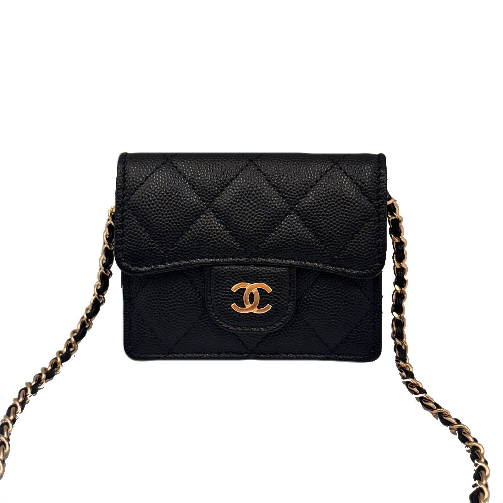 CHANEL Accordion Chain Card Wallet Black Gold AP1730
