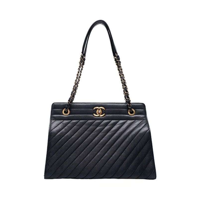 CHANEL Black Chevron Grand Shopping Gold Chain Large Shoulder Bag - SKU123
