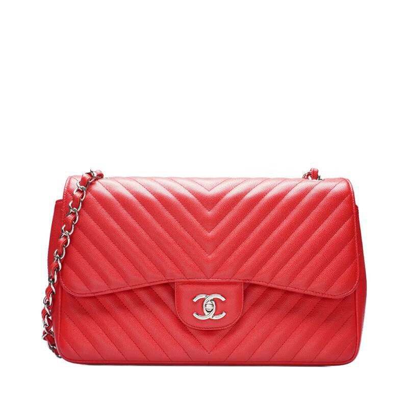 CHANEL Red Chevron Classic Flap Chain Large Shoulder Bag SKU123