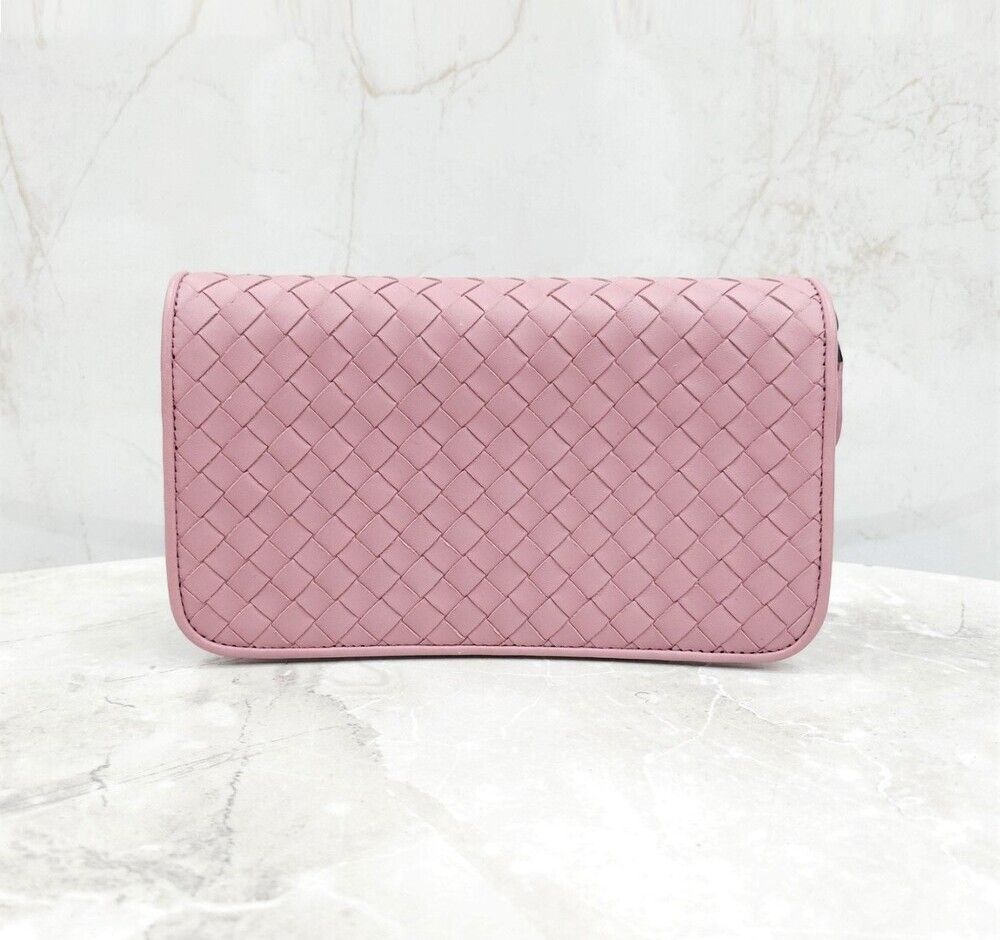 Bottega Veneta Pink Intreccia Woven Zipper Wallet - SKU