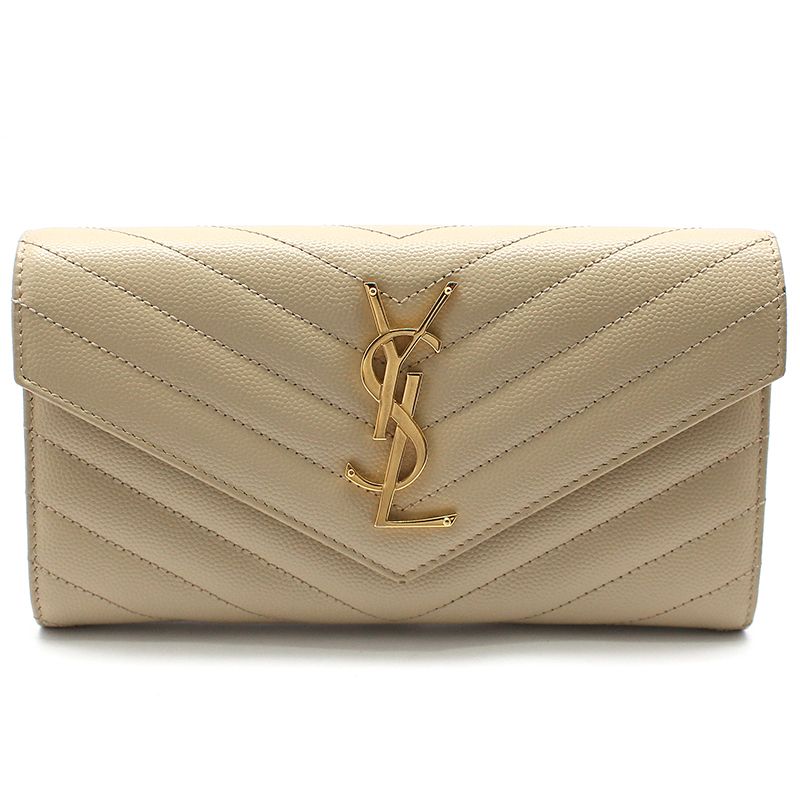 Saint Laurent Beige Caviar Matelasse Monogram Gold Wallet 372264