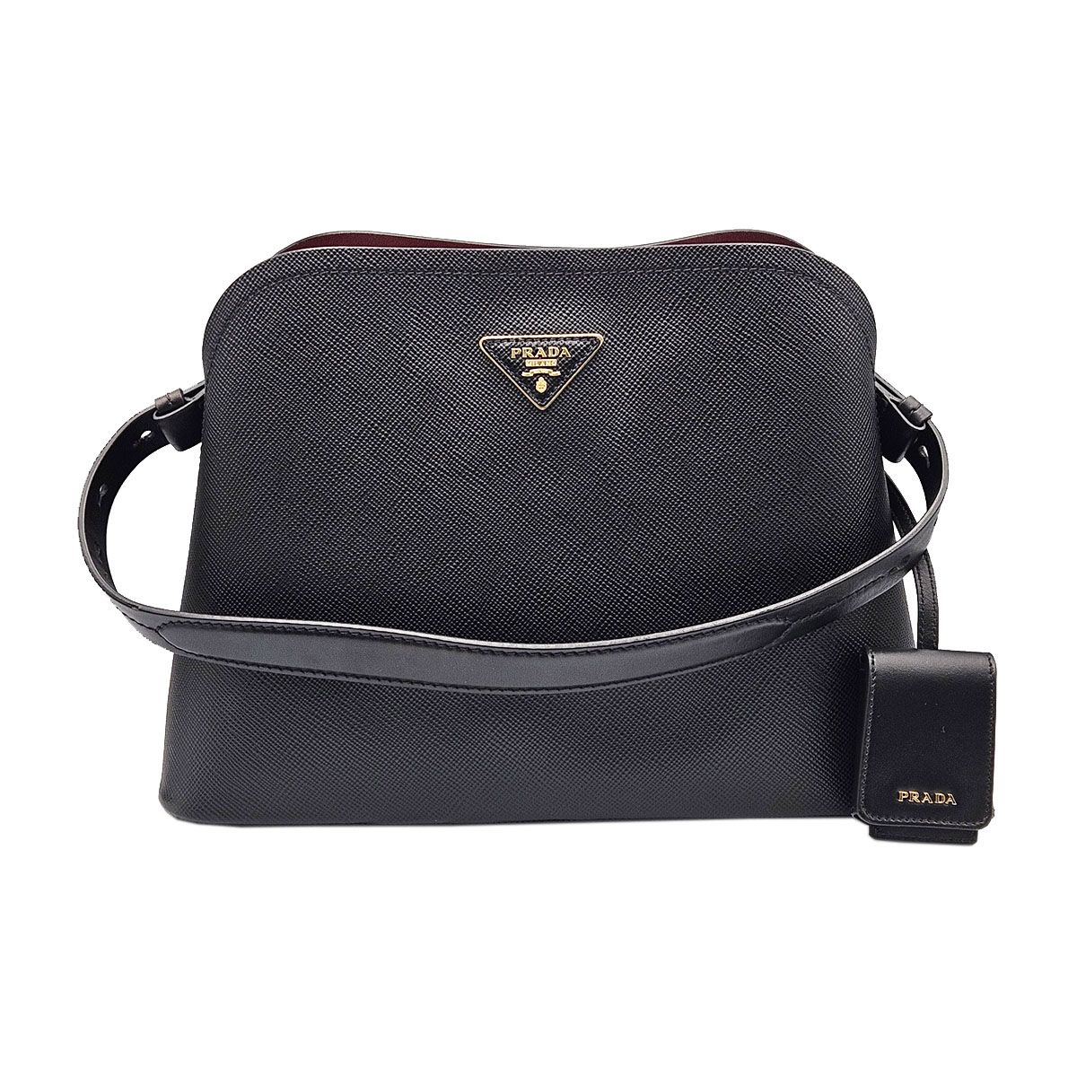 Prada Black Saffiano Leather Gold Detail Triangle Matine Medium Shoulder Bag 1BA251