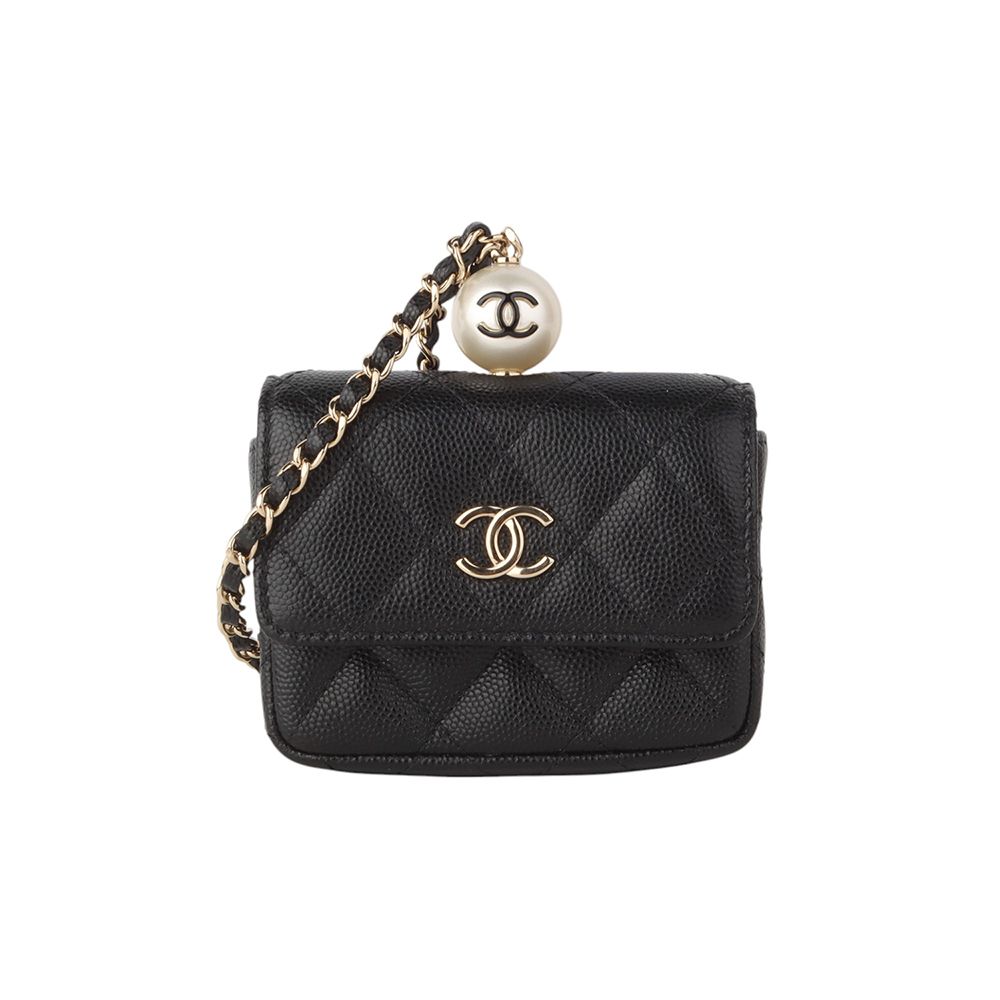 CHANEL Caviar Flap Chain Necklace Card Wallet with Pearl - 34444Y-1