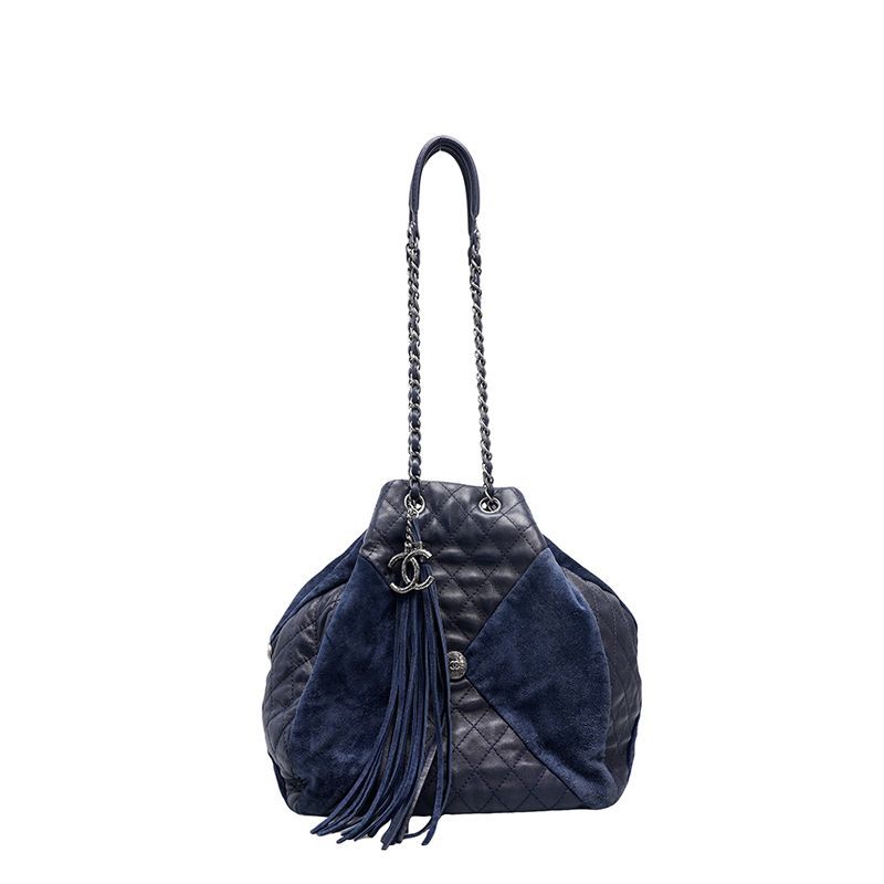 CHANEL Blue Suede Patchwork Black Chain Bucket Bag SKU12345