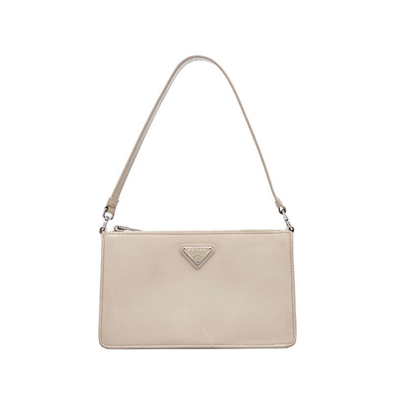 Prada Beige Brushed Triangle Logo Mini Shoulder Bag - SKU 12345