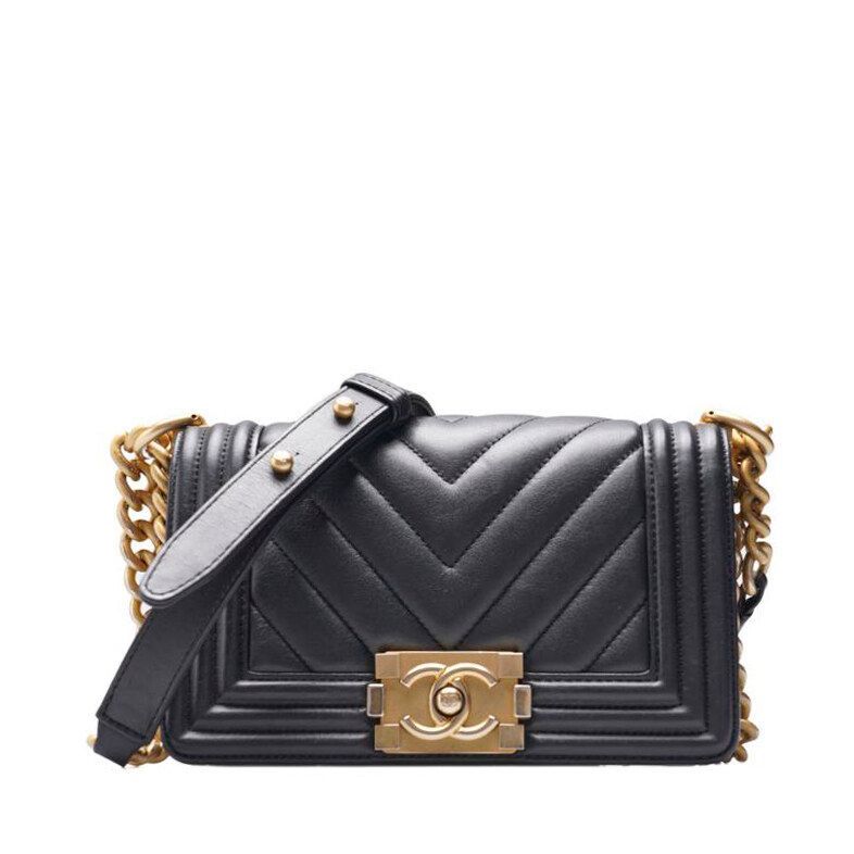 CHANEL Black Chevron Boy Gold-tone Metal Chain Small Shoulder Bag SKU12345