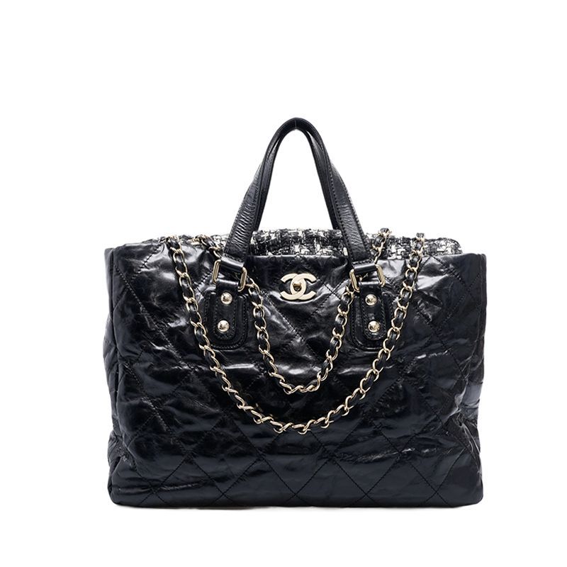 CHANEL Black Patent Tweed Flap Tote Bag - SKU12345