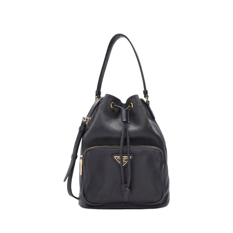 Prada Black Calfskin Duette Triangle Logo Bucket Bag - SKU123456