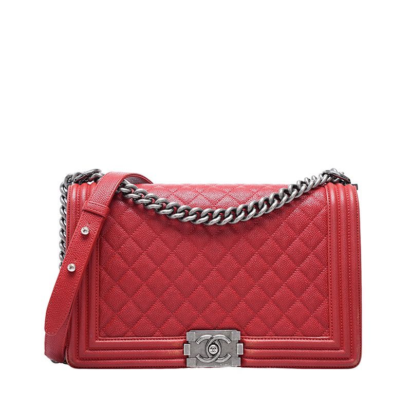 CHANEL Red Caviar Boy Flap Black Chain Shoulder Bag - SKU 12345