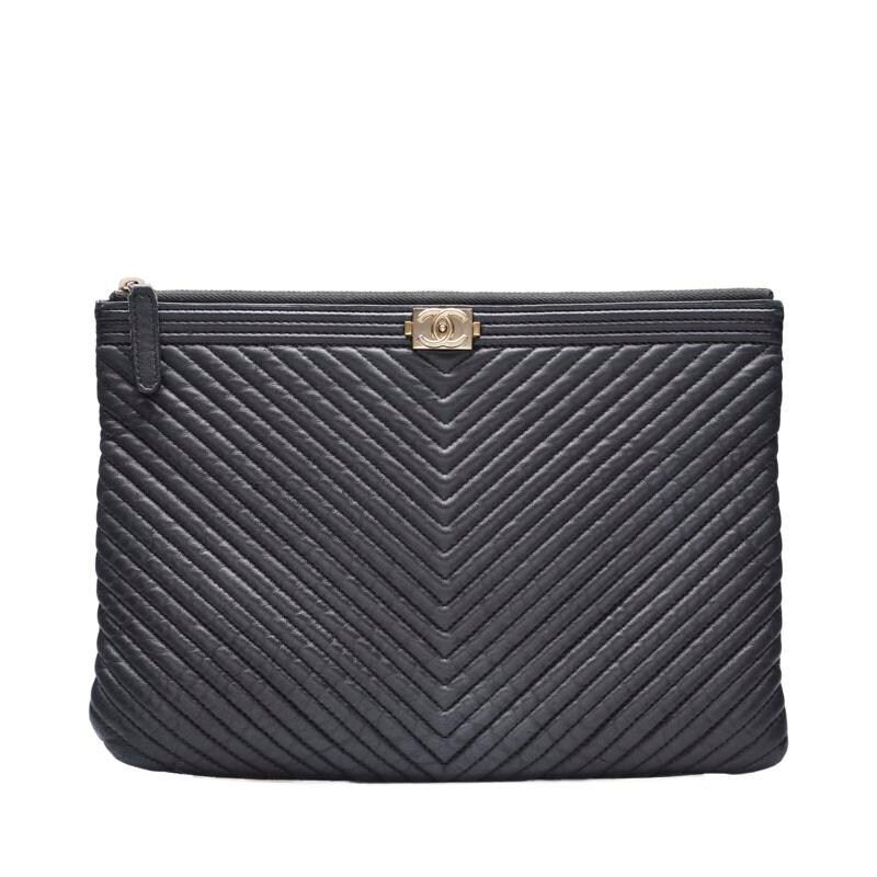 CHANEL Black Chevron Boy Gold Medium Clutch - SKU XXXXXXXX