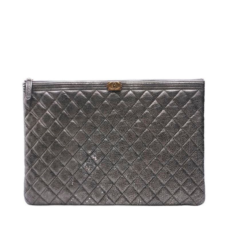 CHANEL Metallic Gray Boy Gold Large Clutch SKU123