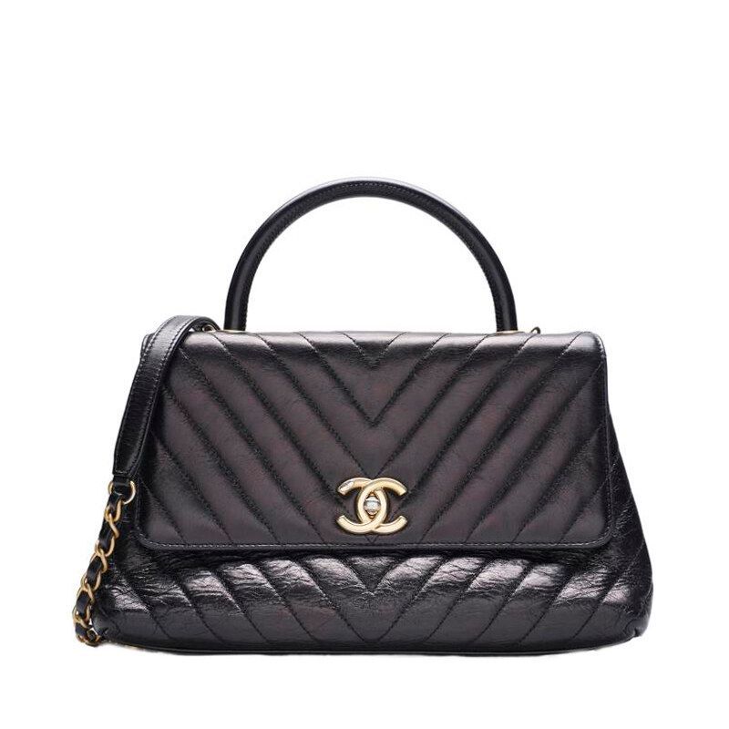 CHANEL Black Chevron Coco Handle Gold Chain Medium Tote Bag SKU123