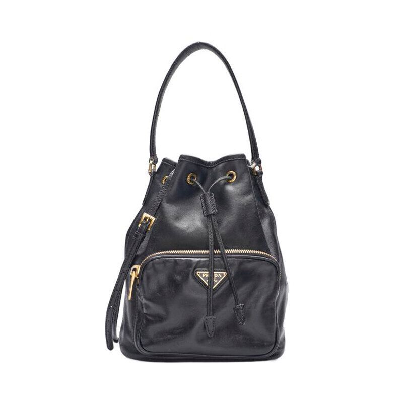Prada Black Calfskin Duette Triangle Logo Bucket Bag - SKU123