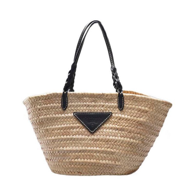 Prada Black Raffia Triangular Logo Tote Bag SKU123