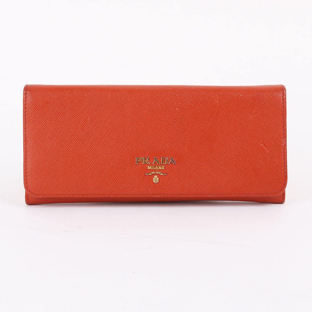 Prada Orange Women's Long Wallet with Saffiano Gold Accents SKU