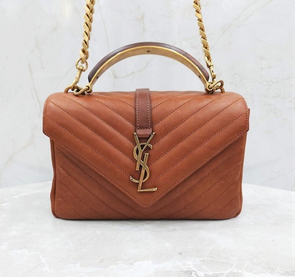 Saint Laurent Monogram College Shoulder Bag Brown with Gold Accents SKU123