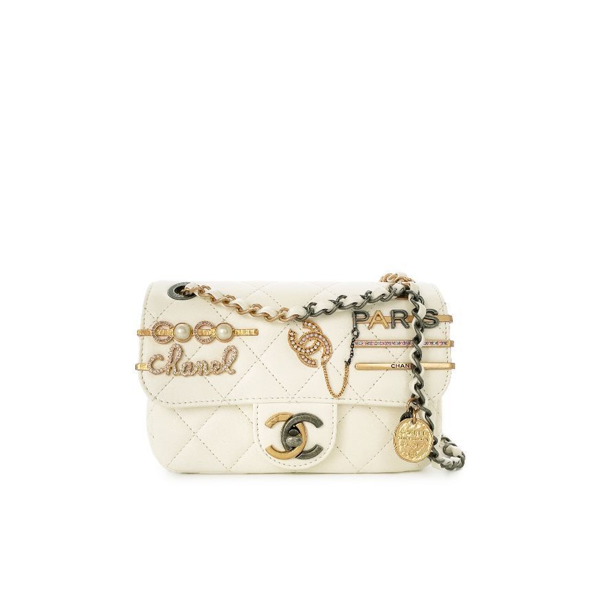CHANEL Lucky Charm Flap Bag White Vintage Gold/Silver 5ET0030