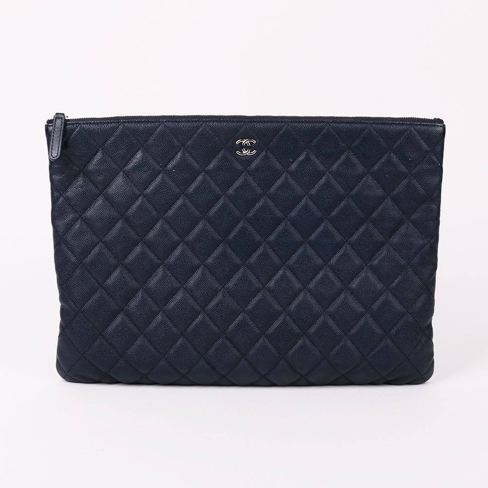 CHANEL Navy Classic Large Clutch Bag with Caviar Silver Leather (SKU: 24-digit)