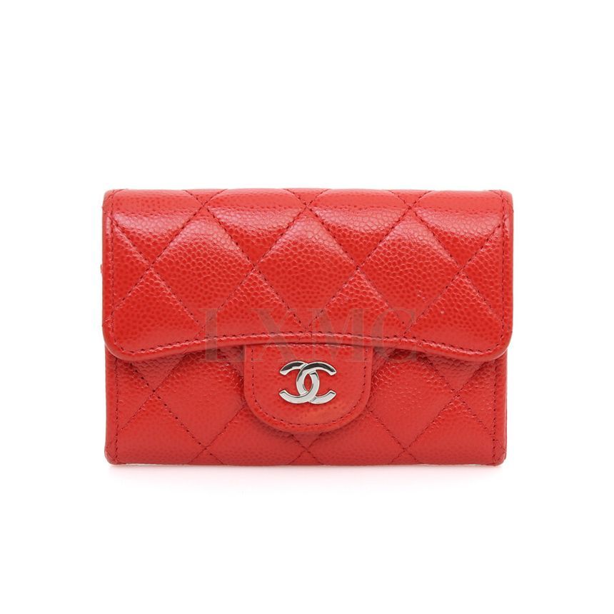 CHANEL Classic Caviar Card Wallet with CC Logo Red Mini Wallet AP0214