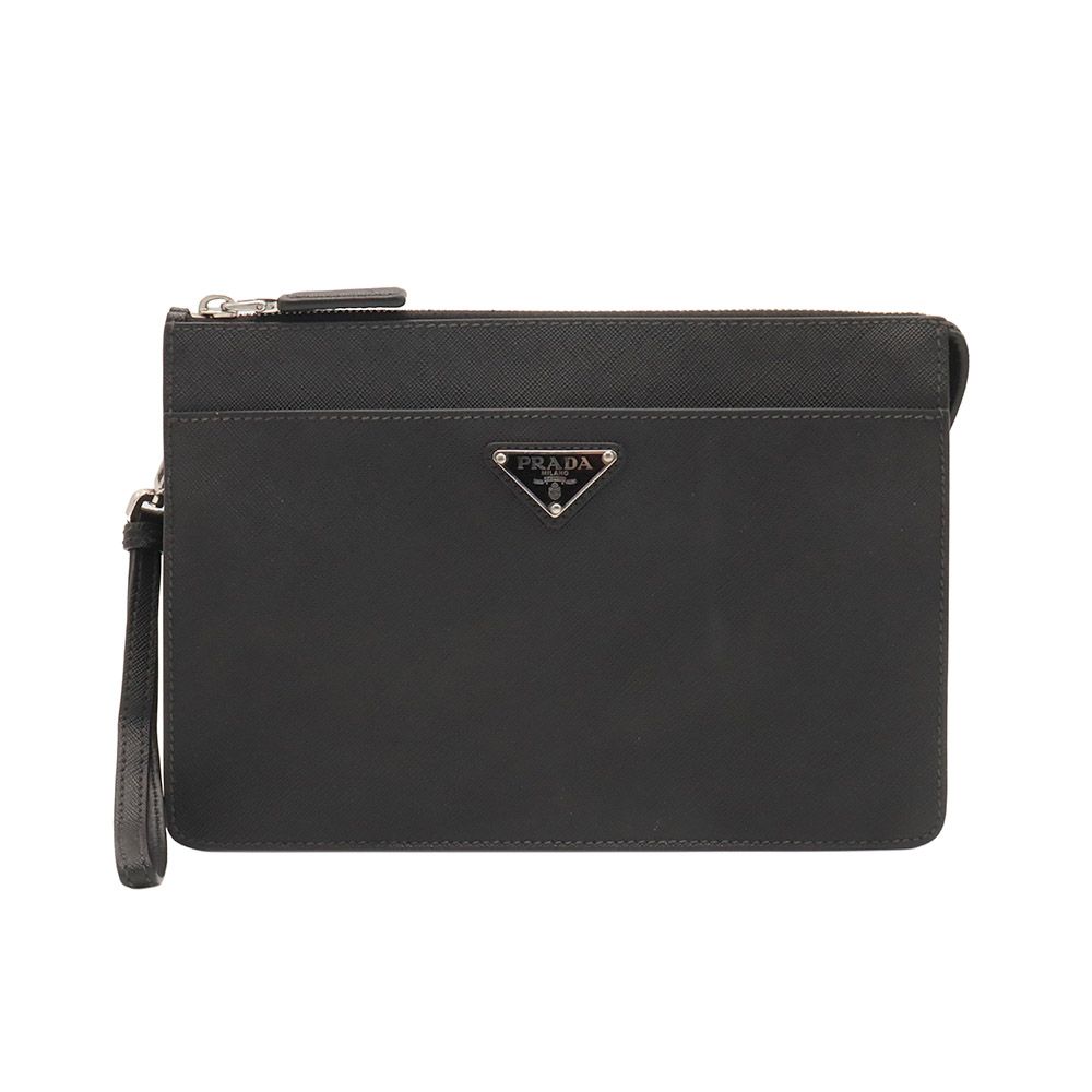 Prada Black Saffiano Leather Triangle Logo Strap Clutch / 2VF032