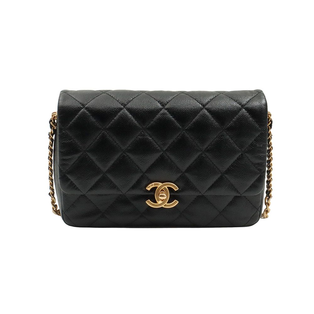 CHANEL Black Grained Caviar Gold-tone Flap Melody Chain Shoulder Bag (Embedded Chip) / AS3165