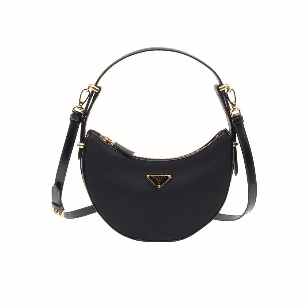 Prada Black Nylon Brushed Leather Triangle Logo Arche Hobo 2WAY (Embedded Chip) / 1BC194