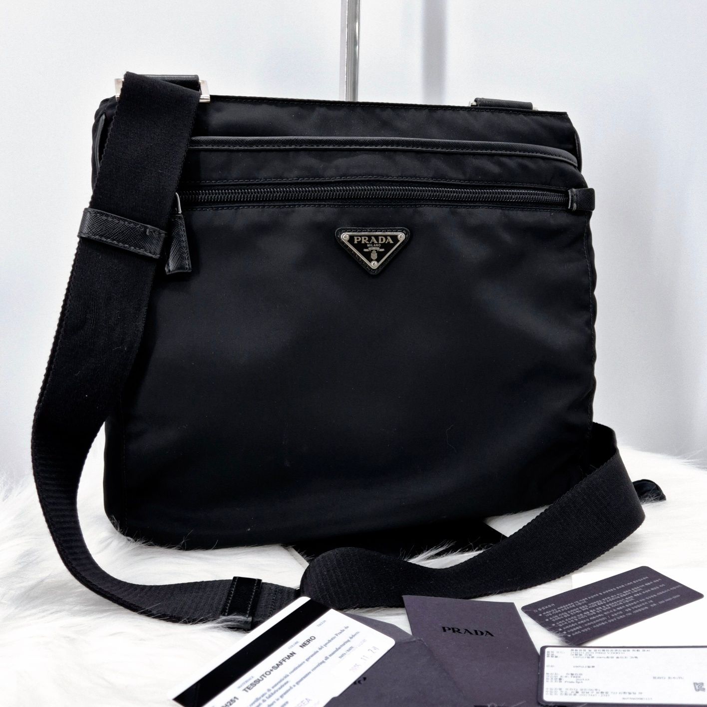 Prada Nylon Triangle Logo Men's Messenger Crossbody Bag Black SKU 12345