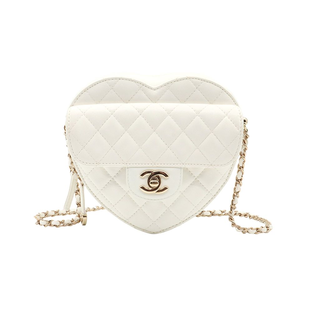 CHANEL White Lambskin Champagne Gold Flap Heart Chain Crossbody Bag (Embedded Chip) - AS3191