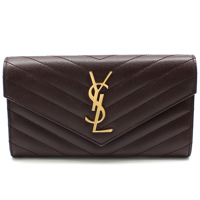Saint Laurent Burgundy Caviar Monogram Gold Wallet 372264
