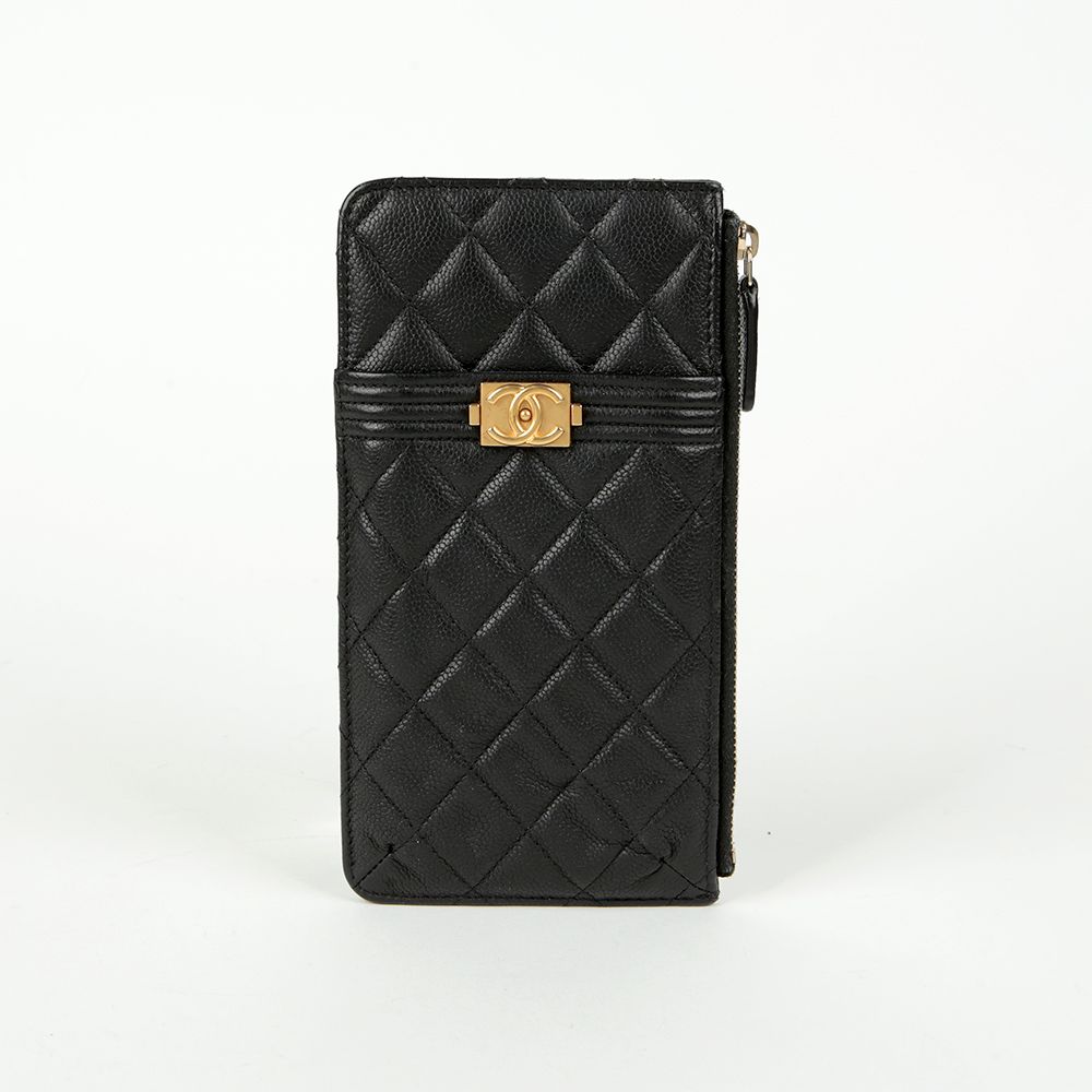 CHANEL Caviar Skin Boy Phone Holder Card Wallet AP1482