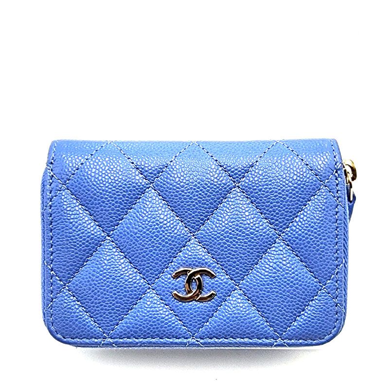CHANEL Caviar Zipper Card Wallet Blue AP0216