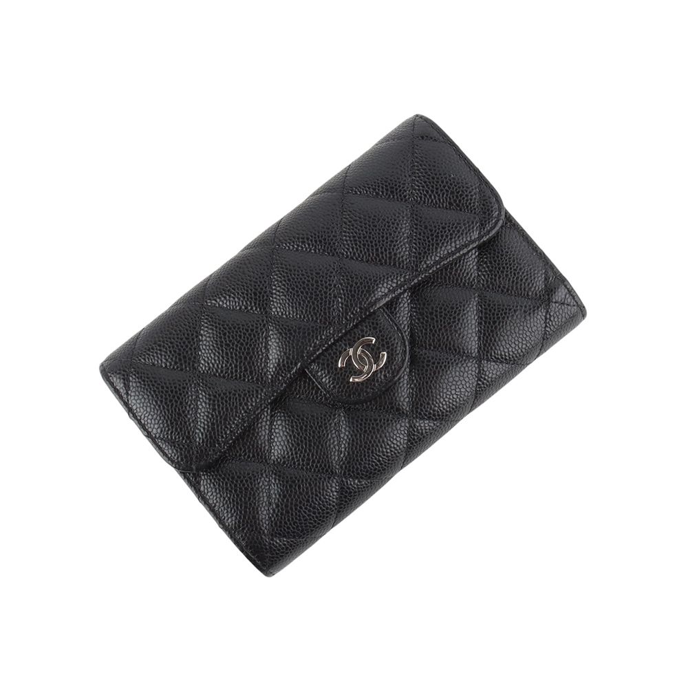 CHANEL Classic Caviar Lambskin CC Logo Wallet with Department Store Invoice 33714K